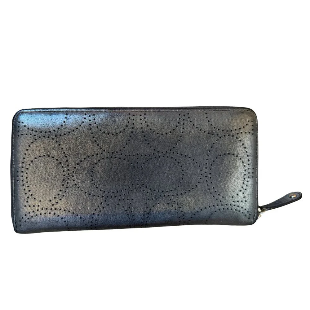 Coach Gray Zip-Around Wristlet Wallet | Signature Perforated Design